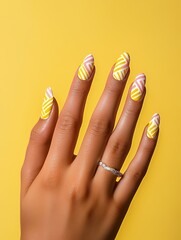Close-up of a hand with yellow and pink geometric nail art design on yellow background.