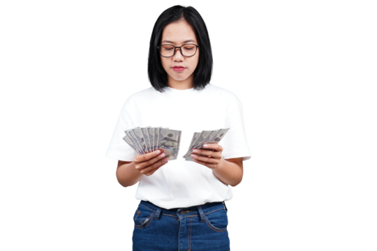 An sad asian woman counting money isolated transparent