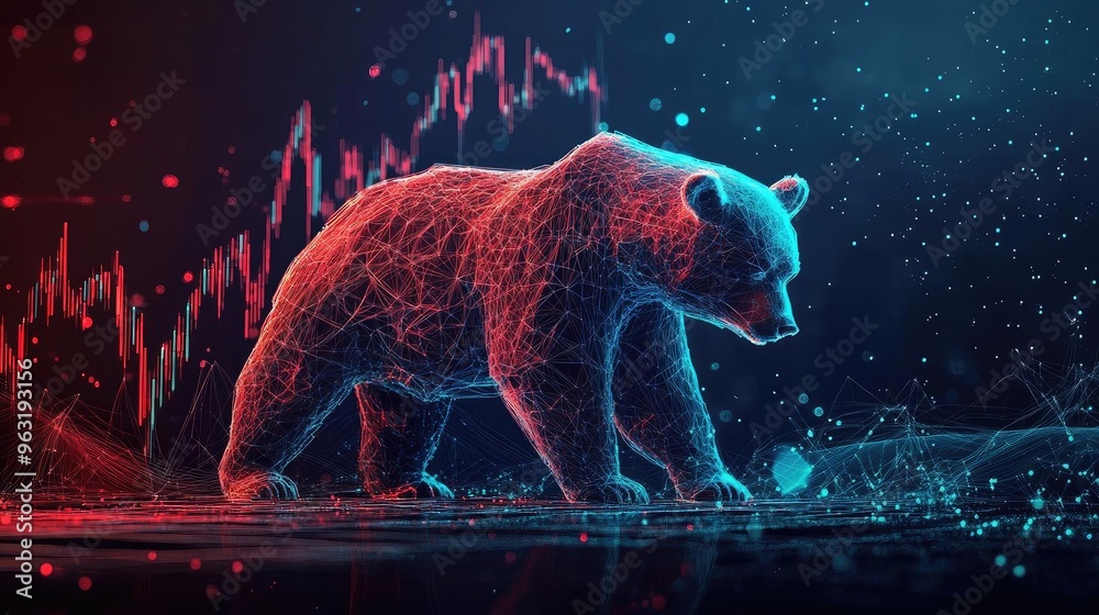 Poster a dynamic illustration of a bear symbolizing market trends, featuring vibrant colors and data patter