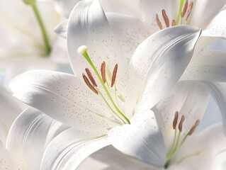 Soft and Delicate White Lily Flowers with Pollen in Full Bloom