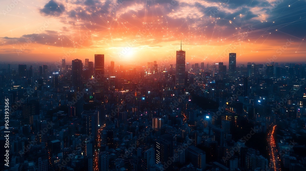Aufkleber modern cityscape and communication network concept telecommunication iot internet of things ict info