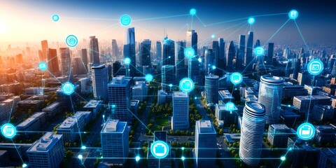 Modern cityscape and communication network concept. Telecommunication. IoT (Internet of Things). ICT (Information communication Technology). 5G. Smart city. Digital transformation.