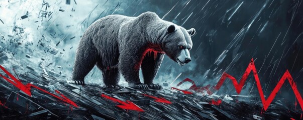 Fototapeta premium A powerful bear stands amidst a storm, symbolizing resilience and strength against adversity in a dynamic environment.