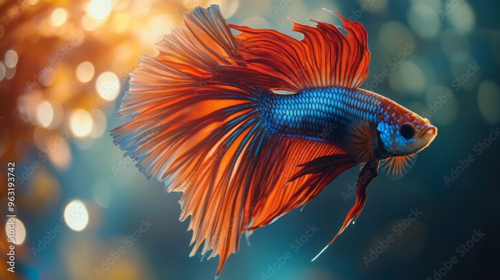 Poster High-resolution close-up of a Betta fish with a dramatic display of its flowing fins and vivid colors, in a serene aquarium setting with natural light