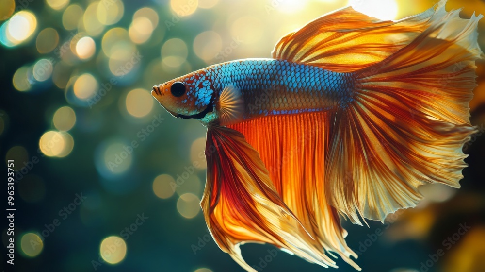 Poster High-resolution close-up of a Betta fish with a dramatic display of its flowing fins and vivid colors, in a serene aquarium setting with natural light