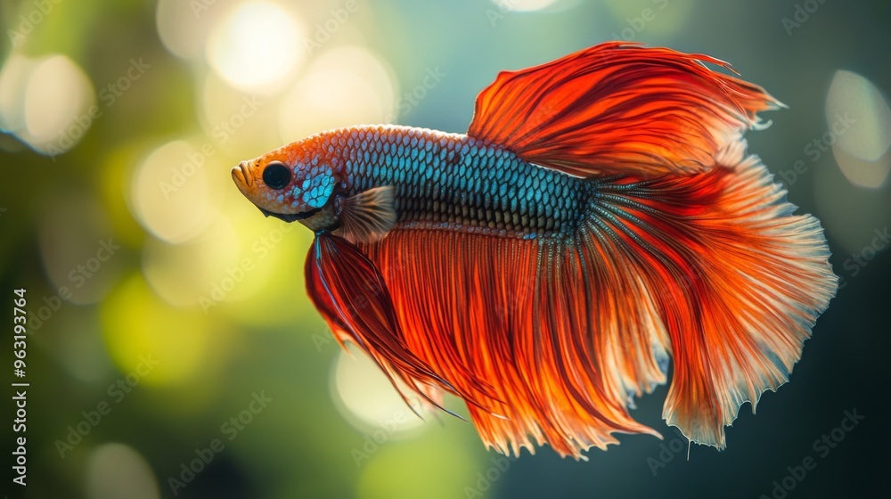 Poster High-resolution close-up of a Betta fish with a dramatic display of its flowing fins and vivid colors, in a serene aquarium setting with natural light