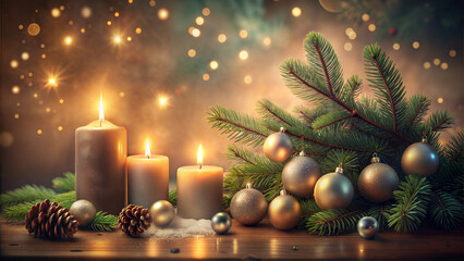 Cozy candle arrangement with pine branches and ornaments for festive holiday decoration