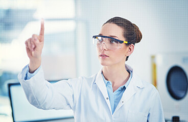 Woman, chemical engineering and science laboratory in PPE for innovation or medical research. Scientist, gesture and experiment for biotechnology, overlay and mockup space in forensic or mpox vaccine