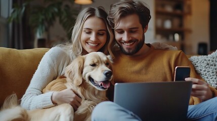Fototapeta na wymiar Portrait of happy young couple using laptop man holding mobile phone hugging dog sitting together on comfortable sofa at home Online shopping concept : Generative AI