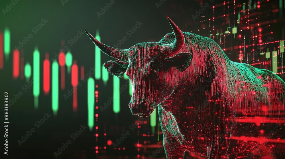 Poster a dynamic illustration of a bull symbolizing market growth against a backdrop of green and red finan