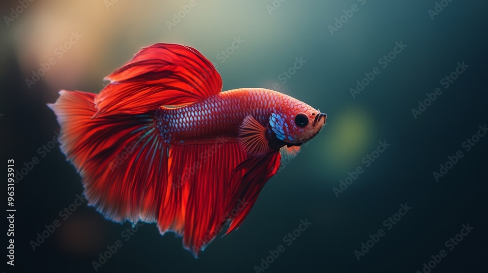 Poster high-resolution close-up of a betta fish with a striking color contrast against a minimalist, dark-c