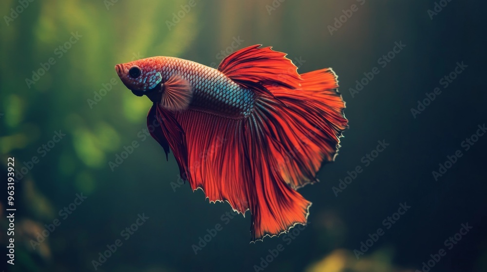 Poster high-resolution close-up of a betta fish with a striking color contrast against a minimalist, dark-c