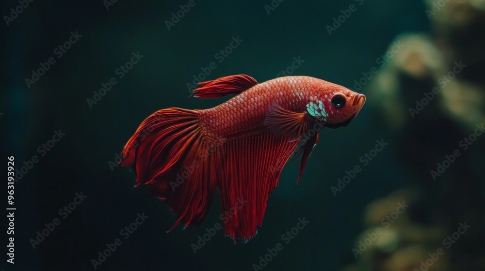 Aufkleber high-resolution close-up of a betta fish with a striking color contrast against a minimalist, dark-c