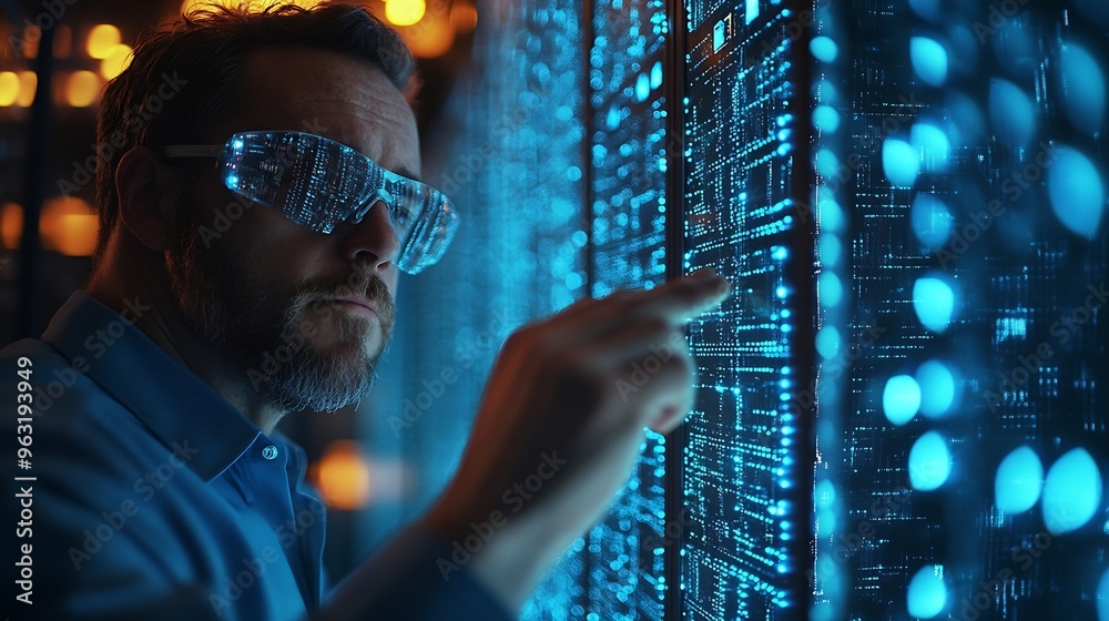 Poster Big data digital technology concept Software engineer touching on virtual internet network connection with data center network server innovative futuristic technology background data m : Generative AI