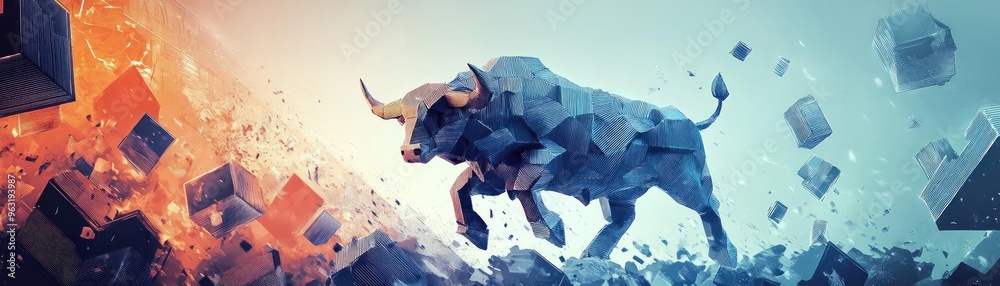 Poster a powerful bull emerging from abstract cubes, symbolizing strength, determination, and dynamic energ