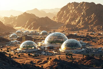 Futuristic domed city in arid desert landscape with rugged mountains