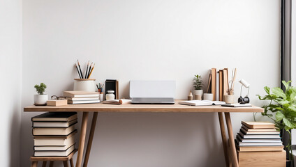 Workspace office table empty desk with books and supplies