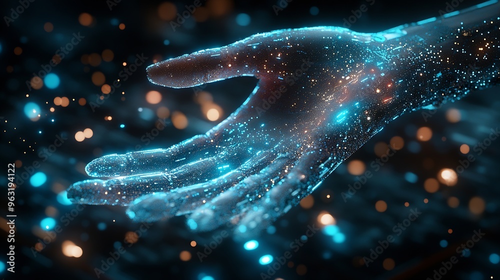 Aufkleber AI Machine learning Hands of robot and human touching big data of Global network connection Internet and digital technology Science and artificial intelligence digital technologies of  : Generative AI