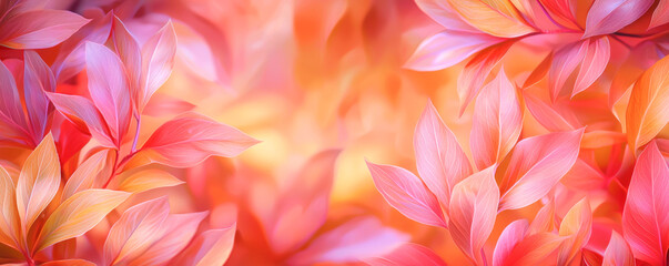 Obraz premium A vibrant background filled with colorful leaves in shades of pink and orange, creating a warm and inviting atmosphere.