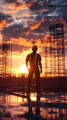 Silhouetted Construction Worker at Sunset with Dramatic Sky Reflection