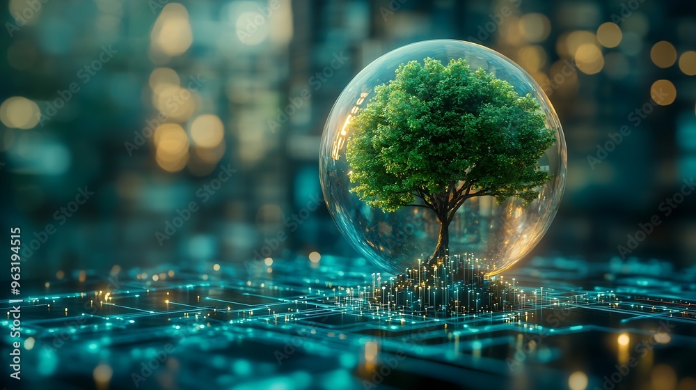 Poster Tree growing on Circuit digital ball Digital and Technology Convergence Blue light and Wireframe network background Green Computing Green Technology Green IT csr and IT ethics Concept : Generative AI