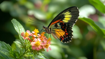 Obraz premium High-resolution close-up of a butterfly perched on a flower, showcasing its colorful wings, delicate details, and the flower's texture