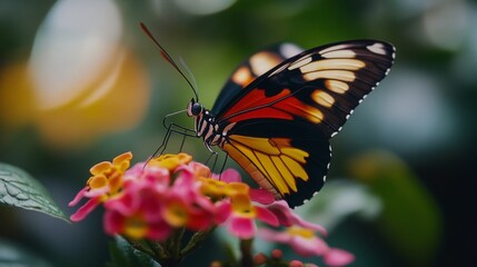 High-resolution close-up of a butterfly perched on a flower, showcasing its colorful wings, delicate details, and the flower's texture