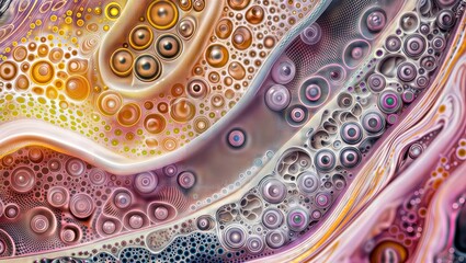 Cosmic Bubbles. Abstract swirls of colorful circles and bubbles in pink, orange, and purple hues, creating a dreamlike cosmic landscape.