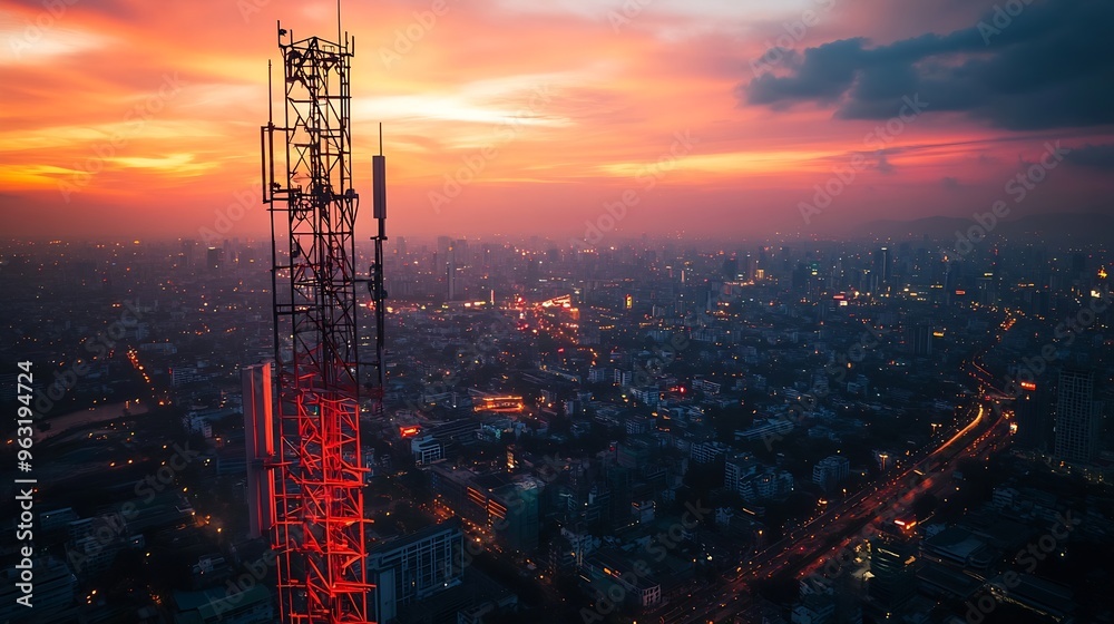 Leinwandbilder antenna communication technology with city background communication tower connect to data of smart c