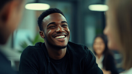 Fototapeta premium Young black professional smiles during a casual office meeting with his coworkers