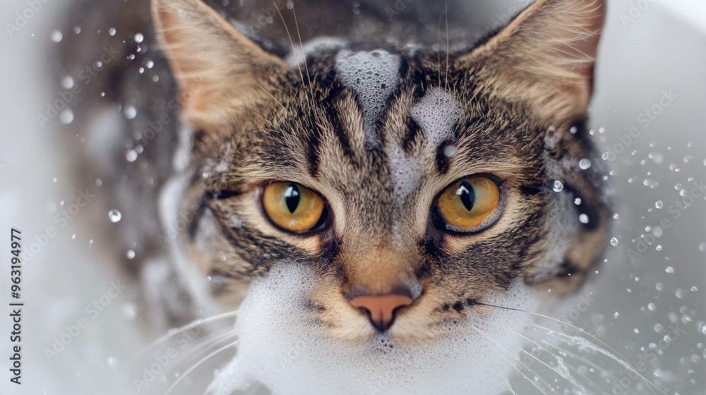 Poster high-resolution close-up of a cat's head and shoulders during bath time, with soap bubbles and water