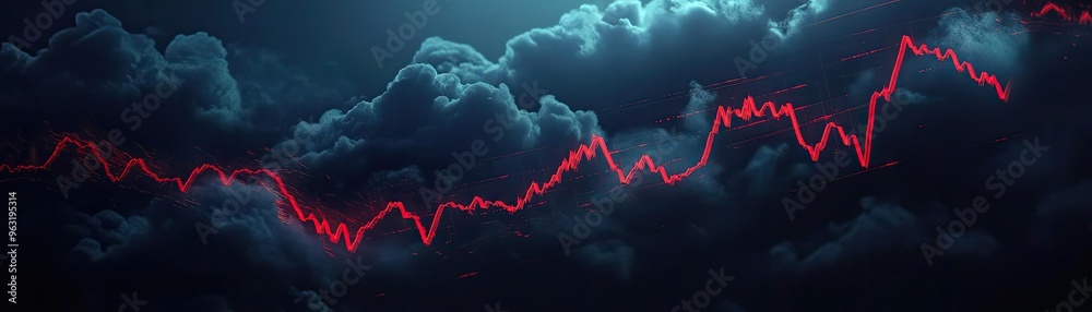 Poster A dynamic, abstract representation of market trends shown with a red line graph against a backdrop of dark clouds.