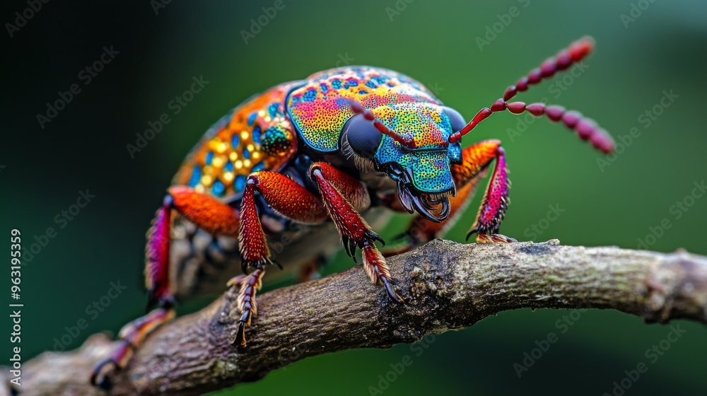 Poster High-resolution close-up of a colorful beetle on a branch, highlighting its vivid patterns and glossy exoskeleton against a contrasting background.
