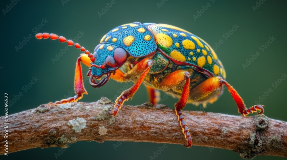 Aufkleber High-resolution close-up of a colorful beetle on a branch, highlighting its vivid patterns and glossy exoskeleton against a contrasting background.