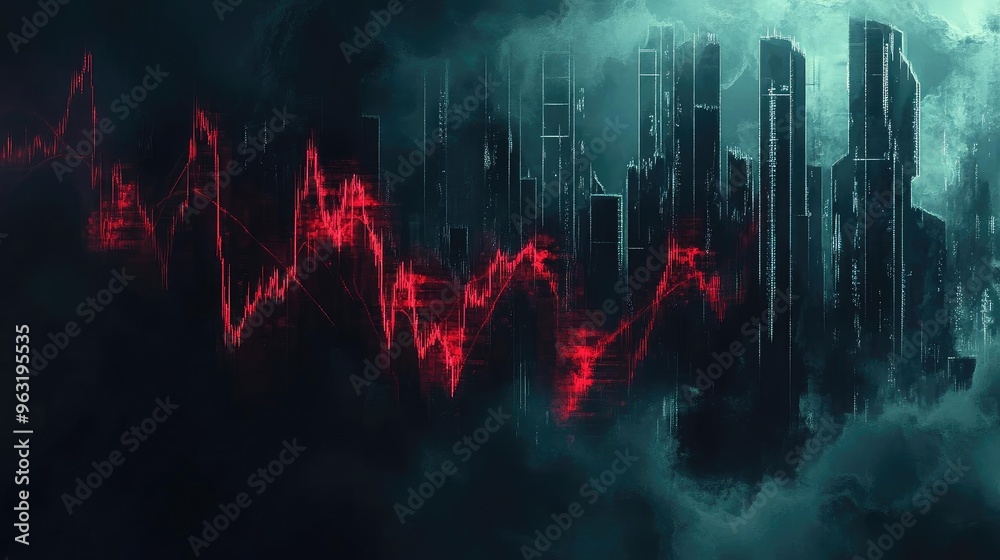 Poster a dark, futuristic cityscape with ominous clouds and a striking red data trend line depicting volati