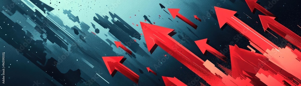 Poster dynamic red arrows symbolizing growth, progress, and upward movement against a dark backdrop. perfec