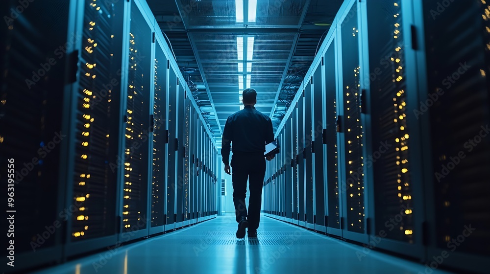 Aufkleber Male IT Specialist Walks Between Row of Operational Server Racks in Data Center Engineer Uses Tablet Computer for Maintenance Concept for Cloud Computing Artificial Intelligence Cybers : Generative AI