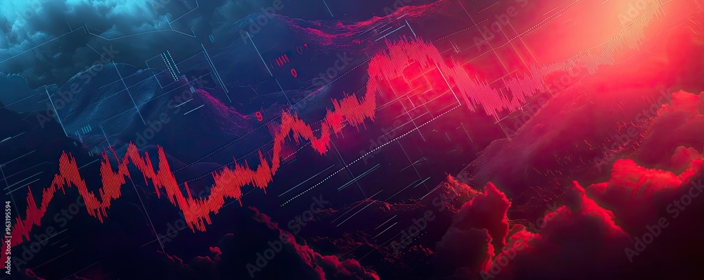 Poster dynamic stock market graph with vibrant colors illustrating financial trends and fluctuations in rea