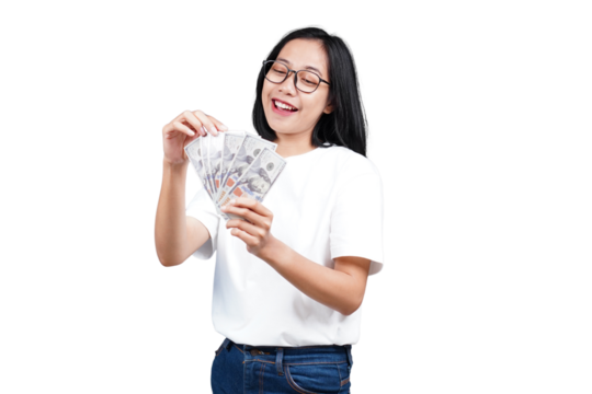 A smiling asian woman counting money isolated transparent