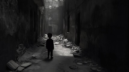 A lone child stands in a destroyed alleyway, a stark reminder of the devastation.