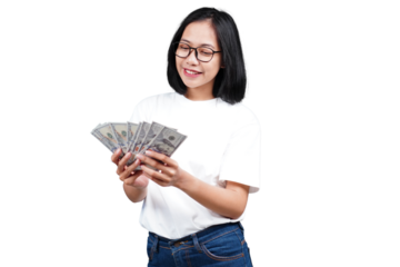 A smiling asian woman counting money isolated transparent