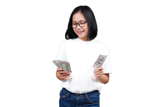A smiling asian woman counting money isolated transparent