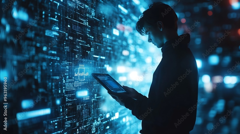 Aufkleber Digital transformation technology era abstract tech background metaverse Man using digital tablet with future technology IoT internet of things future AI technology smart device social : Generative AI