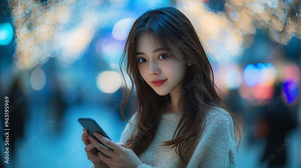 Poster wireless communication network concept mobile technologyyoung asian woman using a smart phone : gene