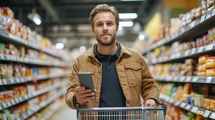 European man with smartphone pushing cart shopping groceries in modern supermarket male buyer posing in food store : Generative AI