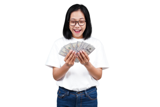 A smiling asian woman counting money isolated transparent