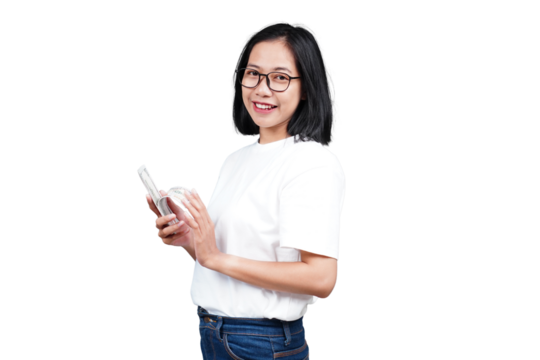 A smiling asian woman counting money isolated transparent