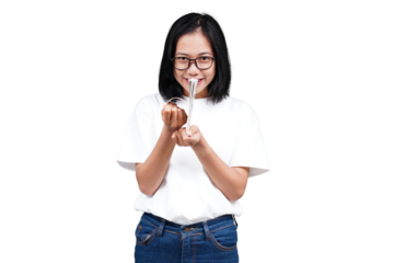A smiling asian woman counting money isolated transparent