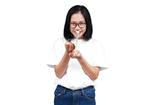 A smiling asian woman counting money isolated transparent
