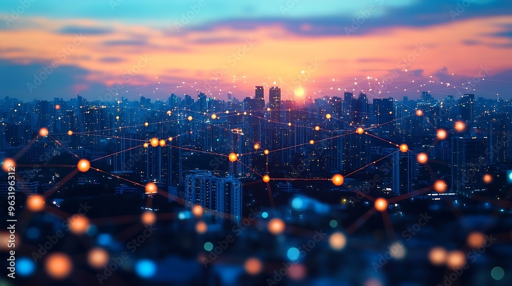 Poster Wireless network and Connection technology concept with Abstract buildings and city background : Generative AI